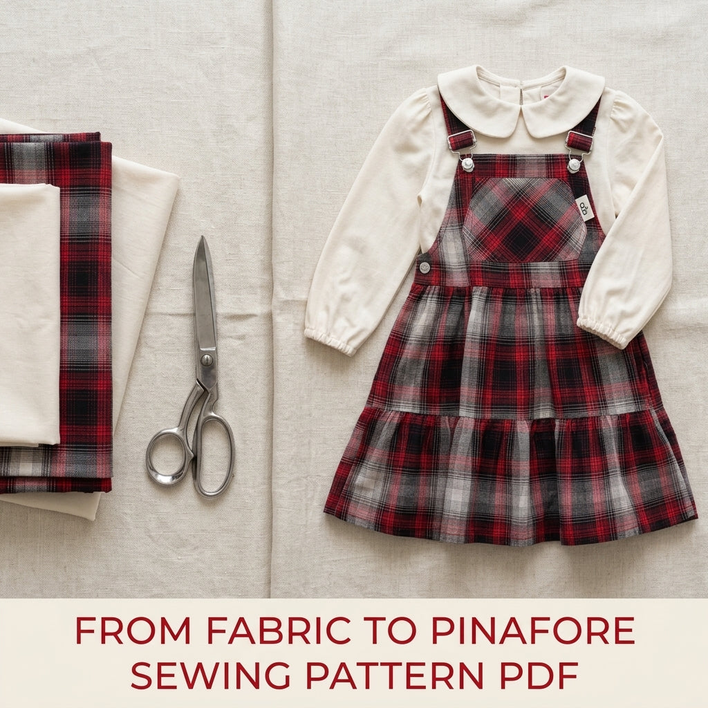 Girls Pinafore Dress Sewing Pattern PDF – Plaid Dungaree Dress with Blouse