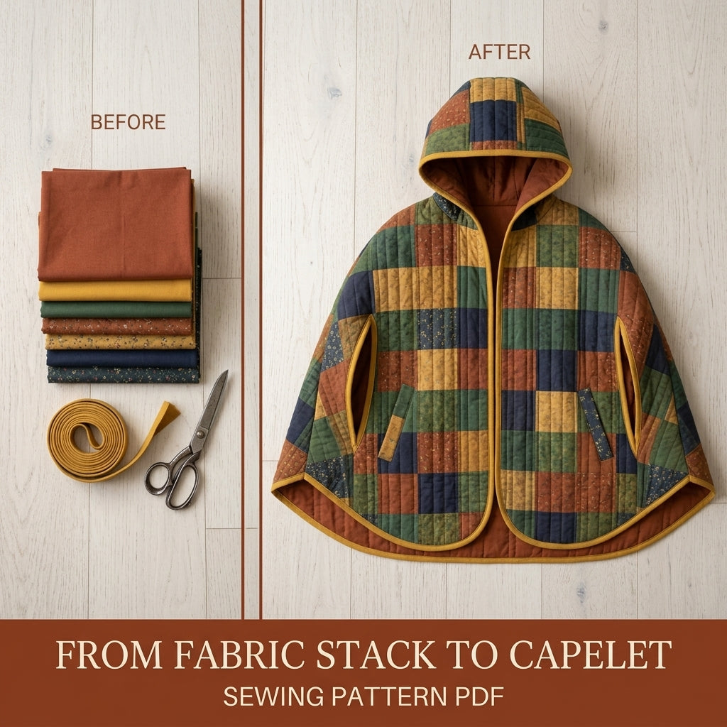 Hooded Quilted Capelet Sewing Pattern PDF – Patchwork Cape with Arm Slits and Bias Binding