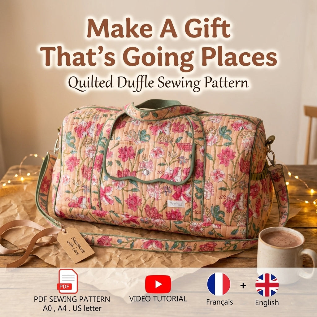 Quilted Duffle Bag Sewing Pattern — Weekender with Front Flap Pocket, Video Tutorial, English and French, A0 and A4 PDF