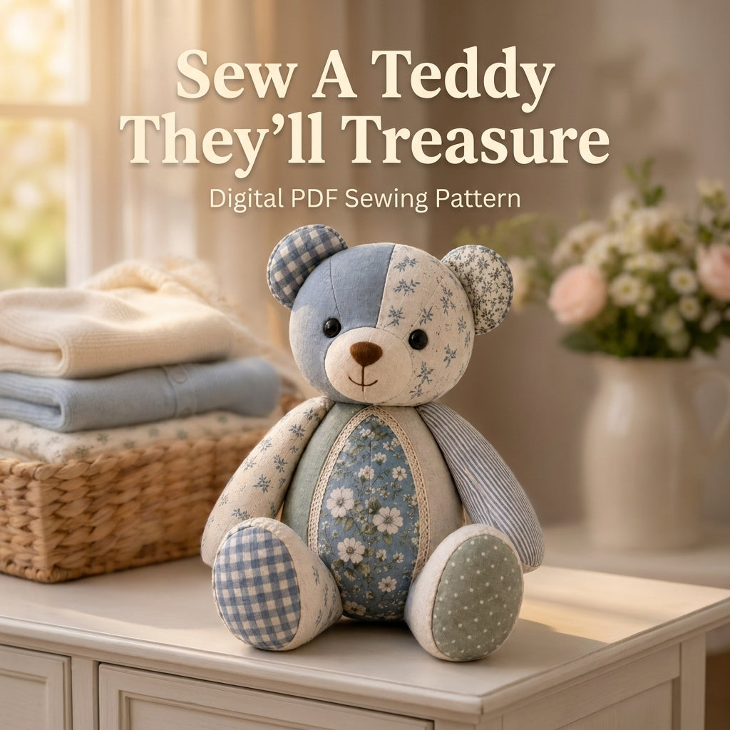 Memory Bear Sewing Pattern — Patchwork Teddy Made From Keepsake Fabrics, Full-Size Templates, PDF Download