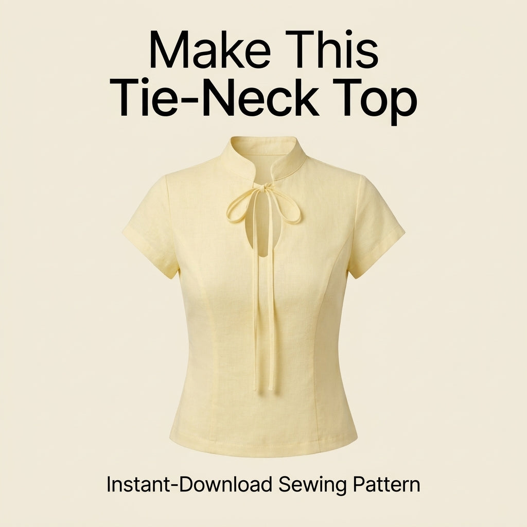 Fitted Top Sewing Pattern — Mandarin Collar Blouse with Keyhole Tie and Cap Sleeves, Sizes XS–3XL, A0 and A4 Layered PDF