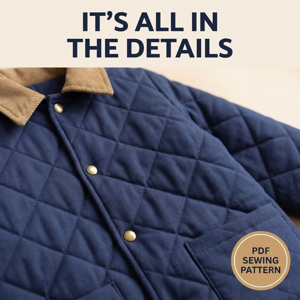 Classic Quilted Jacket Sewing Pattern for Kids – Corduroy Collar, Snap Front – Sizes 2–12 – PDF