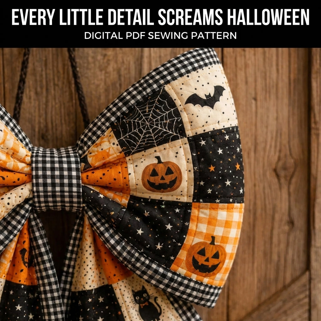 Quilted Door Bow Sewing Pattern — Oversized Patchwork Bow Hanger for Halloween, 2 Sizes, PDF Download