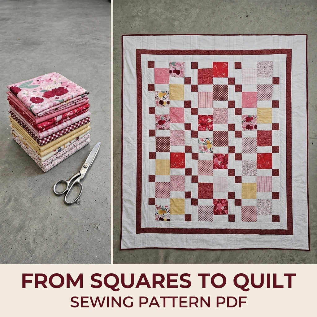 Burgundy Steps Squares Quilt Sewing Pattern PDF – Big Print Squares with Stepping Cornerstones