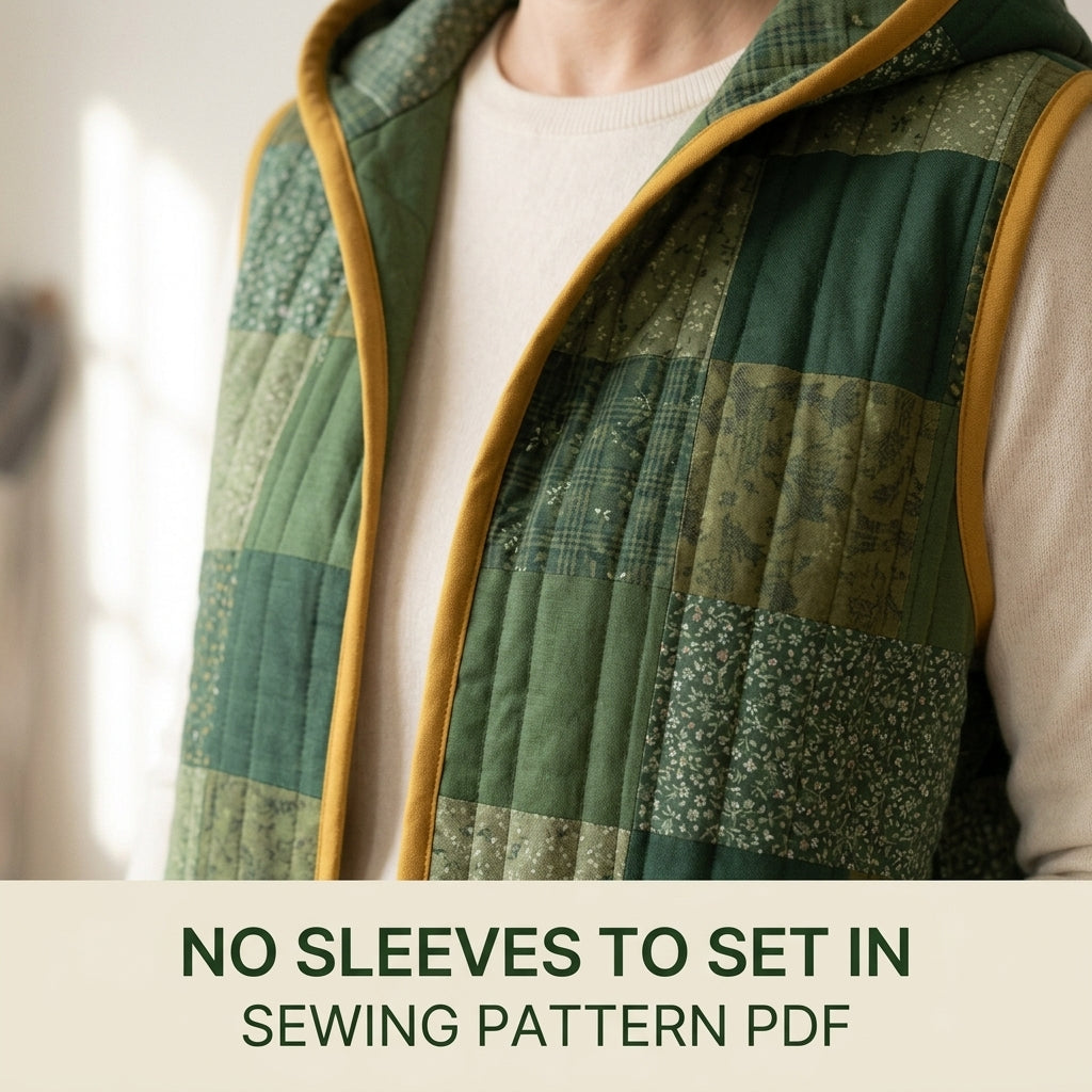 Long Hooded Quilted Vest Sewing Pattern PDF – Knee-Length Patchwork Vest with Pockets and Binding