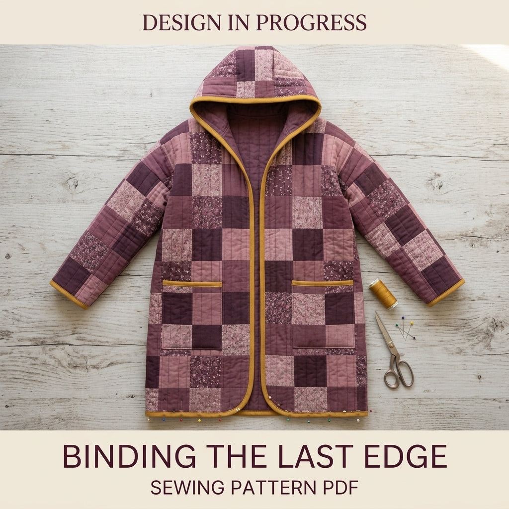 Hooded Quilted Coat Sewing Pattern PDF – Knee-Length Patchwork Quilt Coat with Bias Binding
