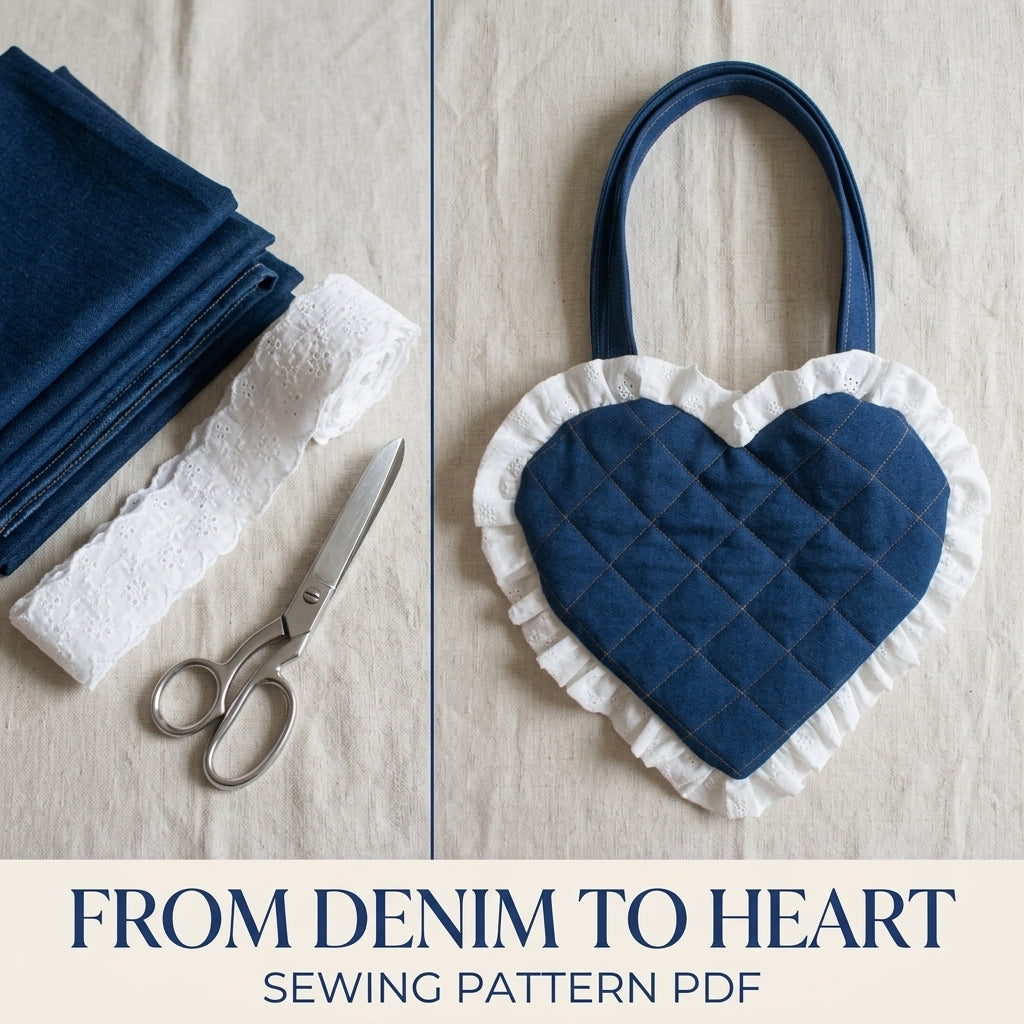 Denim Eyelet Heart Bag Sewing Pattern PDF – Quilted Heart Purse with Lace Ruffle