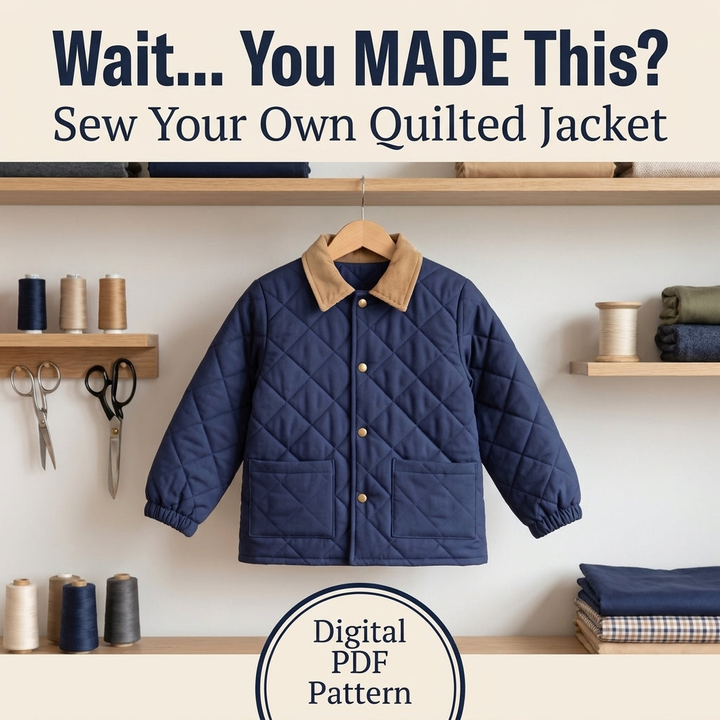 Classic Quilted Jacket Sewing Pattern for Kids – Corduroy Collar, Snap Front – Sizes 2–12 – PDF