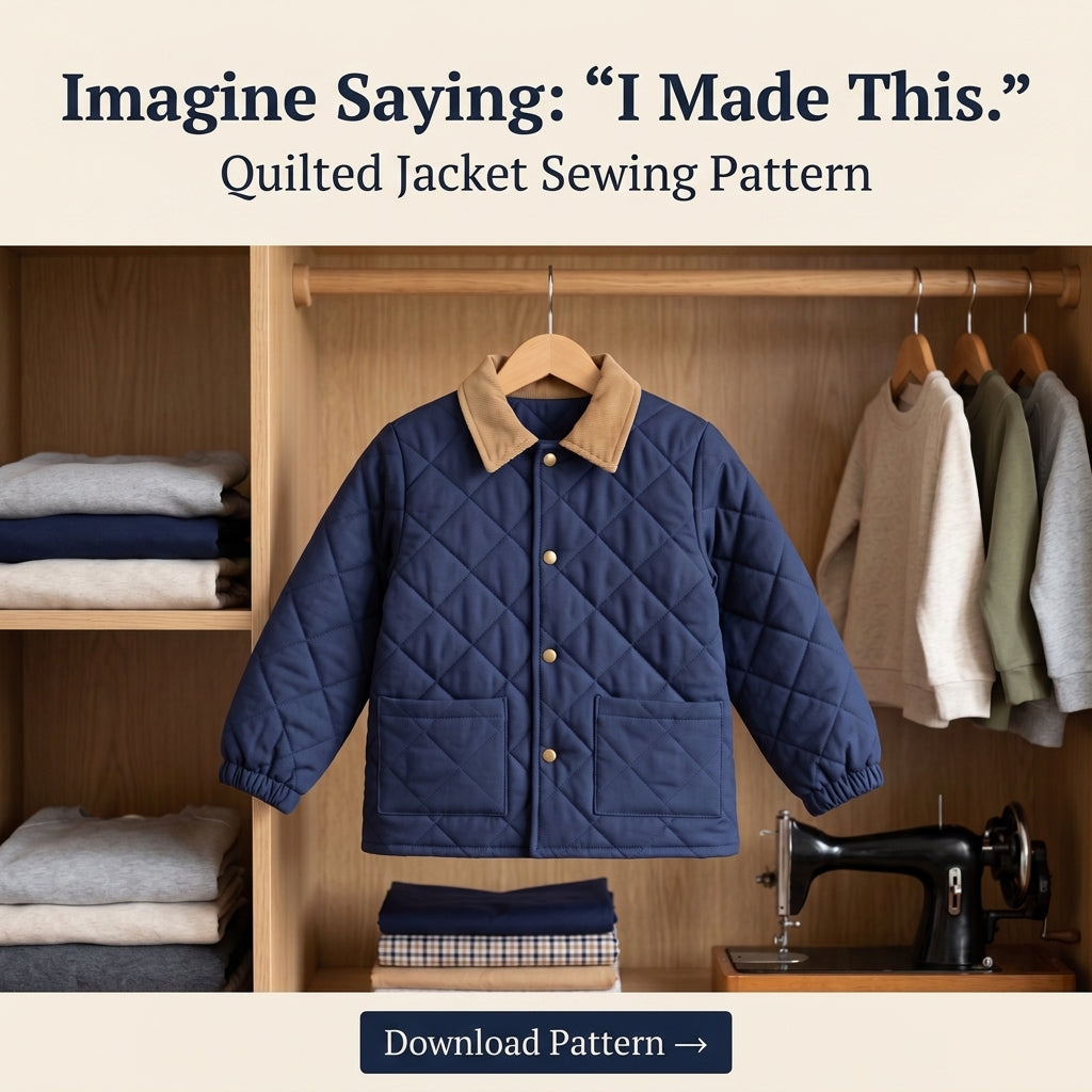 Classic Quilted Jacket Sewing Pattern for Kids – Corduroy Collar, Snap Front – Sizes 2–12 – PDF