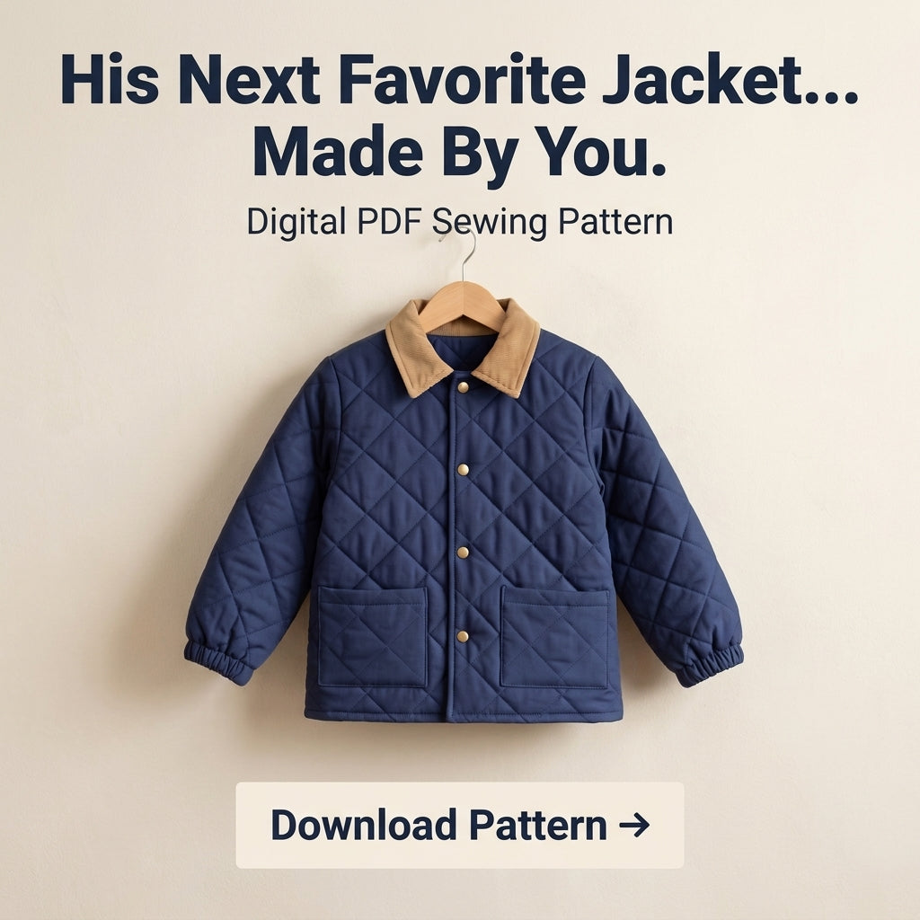 Classic Quilted Jacket Sewing Pattern for Kids – Corduroy Collar, Snap Front – Sizes 2–12 – PDF