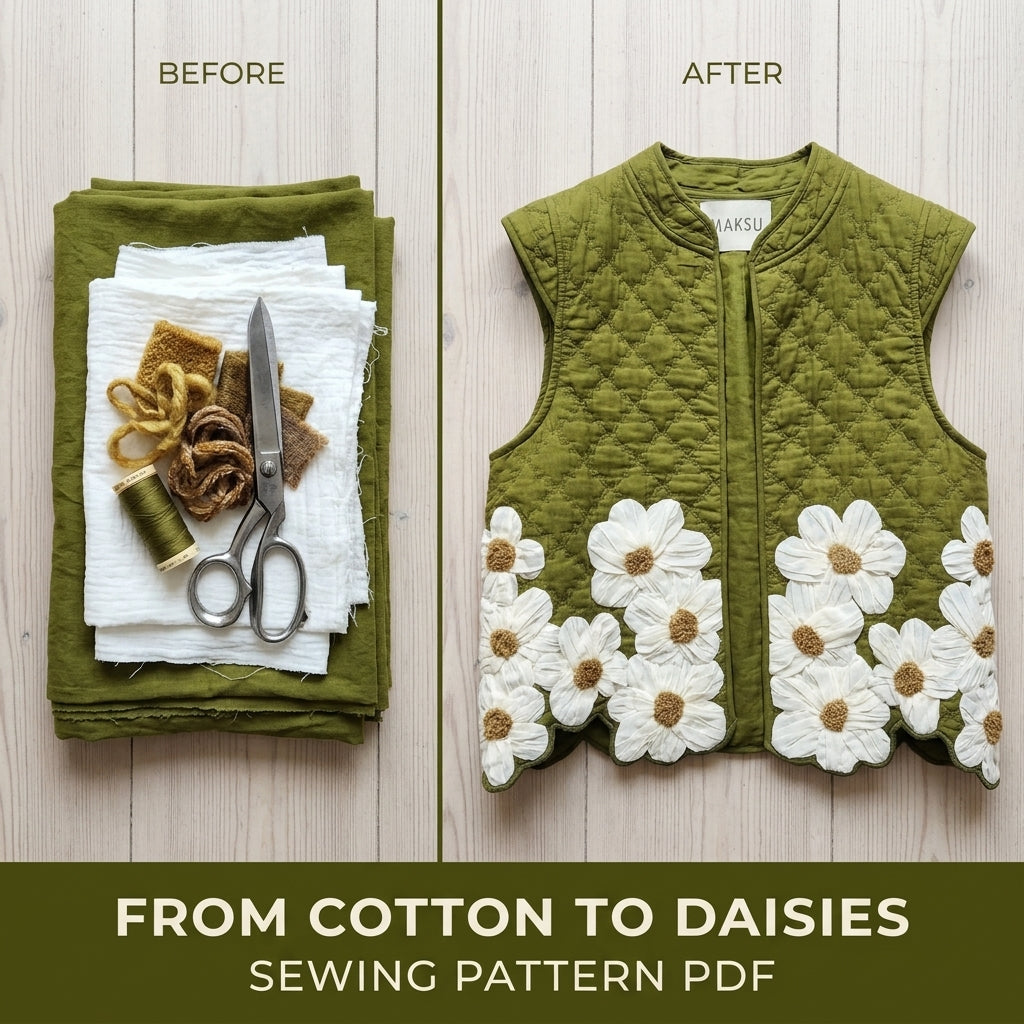 Daisy Appliqué Quilted Vest Sewing Pattern PDF – 3D Flower Quilted Waistcoat