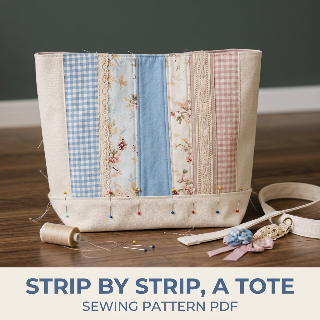 Lace Strip Patchwork Tote Sewing Pattern PDF – Cottage Tote with Gingham and Florals