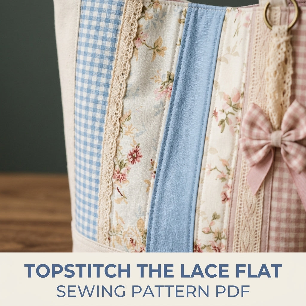 Lace Strip Patchwork Tote Sewing Pattern PDF – Cottage Tote with Gingham and Florals