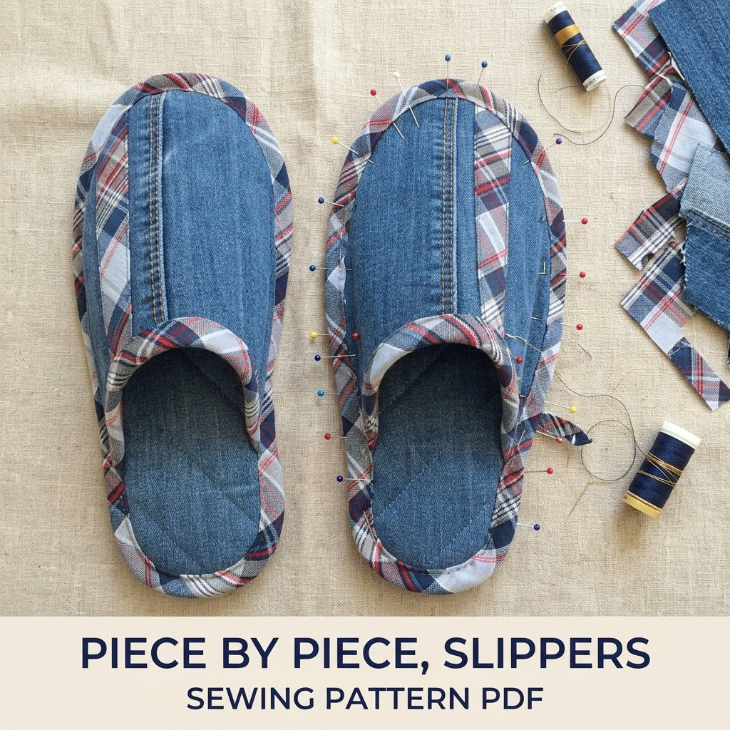 Denim Plaid Slippers Sewing Pattern PDF – Upcycled Jeans House Slippers
