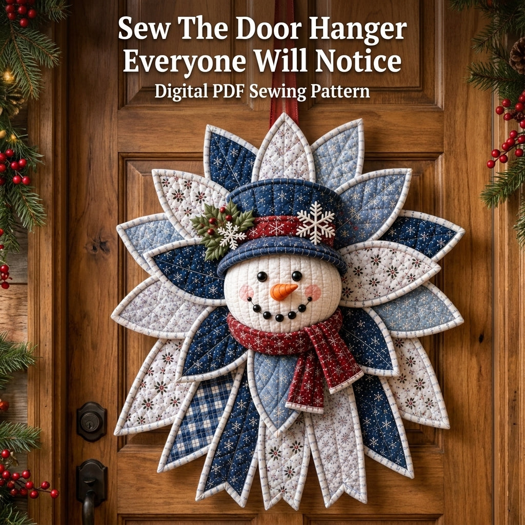 Christmas Door Hanger Sewing Pattern — Folded Fabric Snowman Wreath, No-Quilting Method, PDF Download