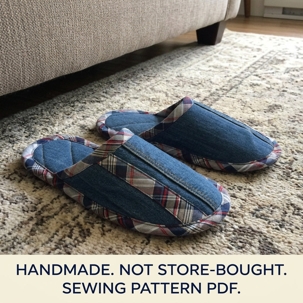 Denim Plaid Slippers Sewing Pattern PDF – Upcycled Jeans House Slippers