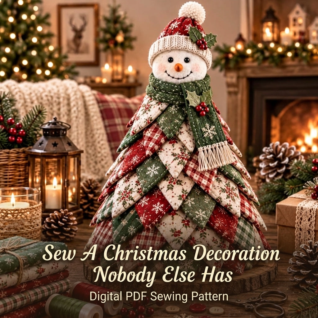 Folded Fabric Christmas Tree Sewing Pattern — Standing Snowman Cone Tree, No-Sew Petal Method, PDF Download
