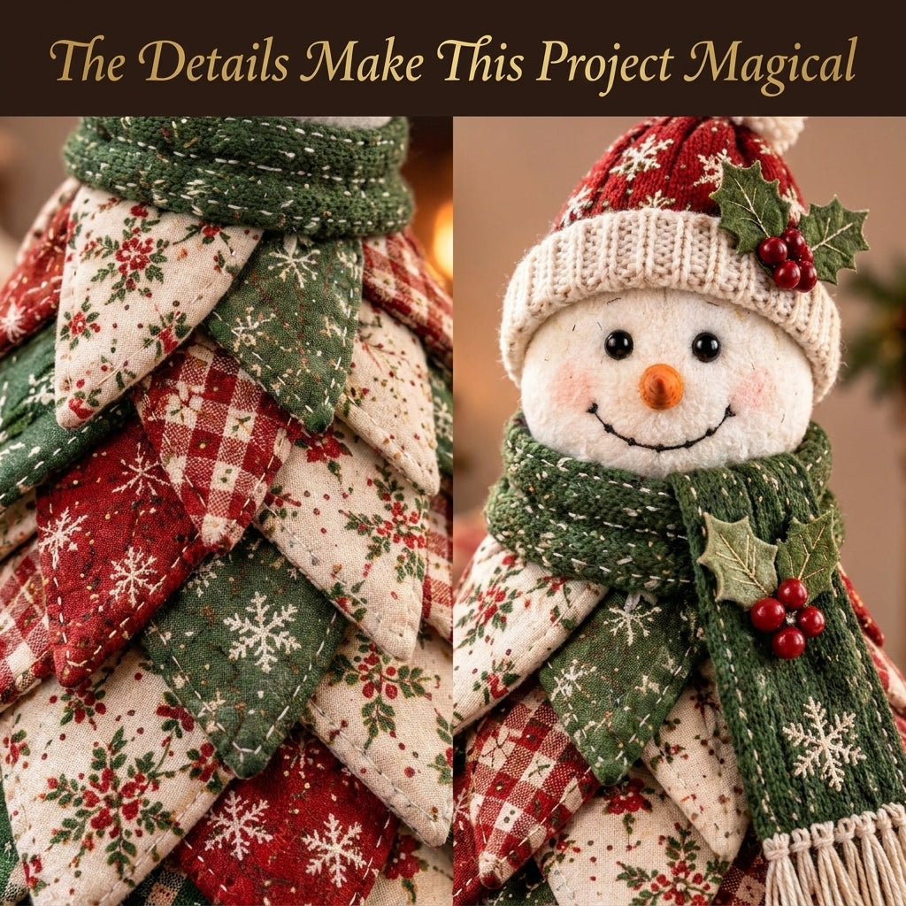 Folded Fabric Christmas Tree Sewing Pattern — Standing Snowman Cone Tree, No-Sew Petal Method, PDF Download