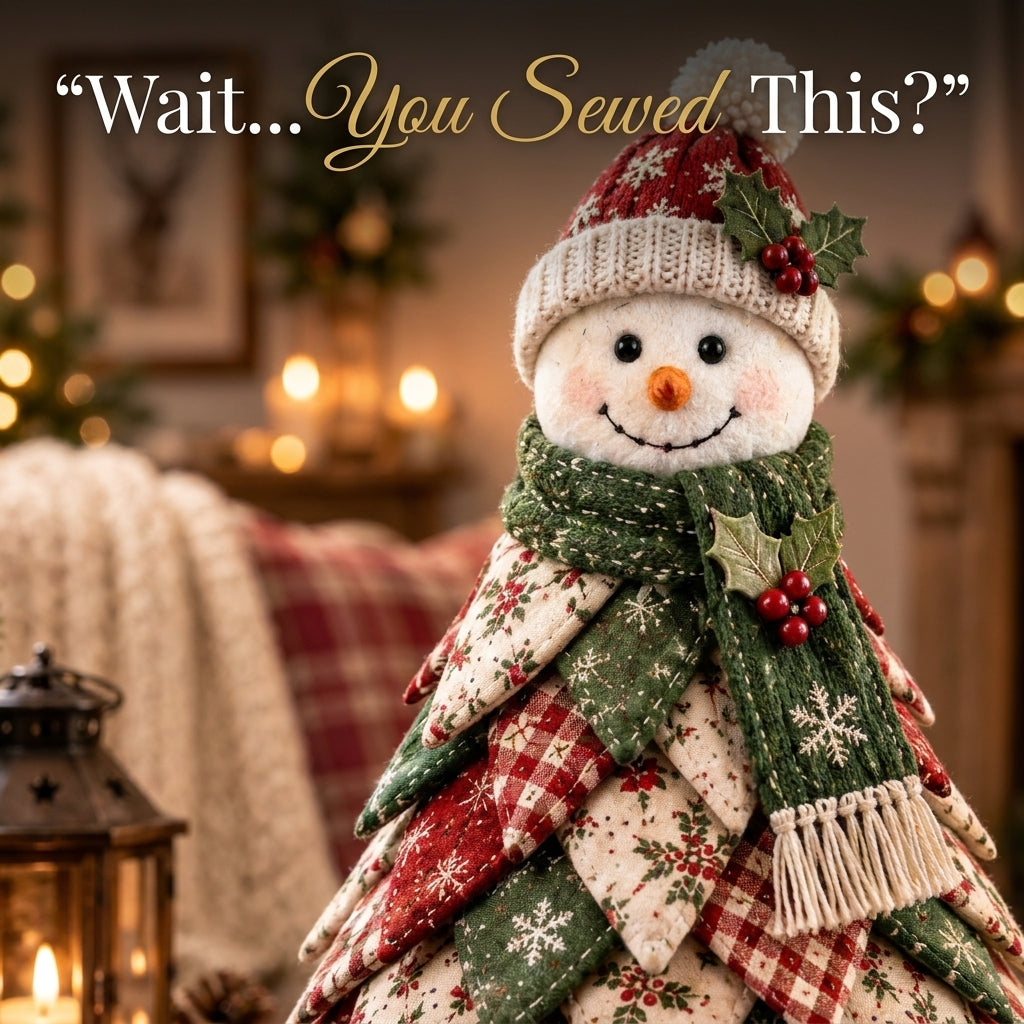 Folded Fabric Christmas Tree Sewing Pattern — Standing Snowman Cone Tree, No-Sew Petal Method, PDF Download