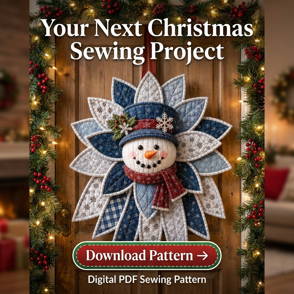 Christmas Door Hanger Sewing Pattern — Folded Fabric Snowman Wreath, No-Quilting Method, PDF Download