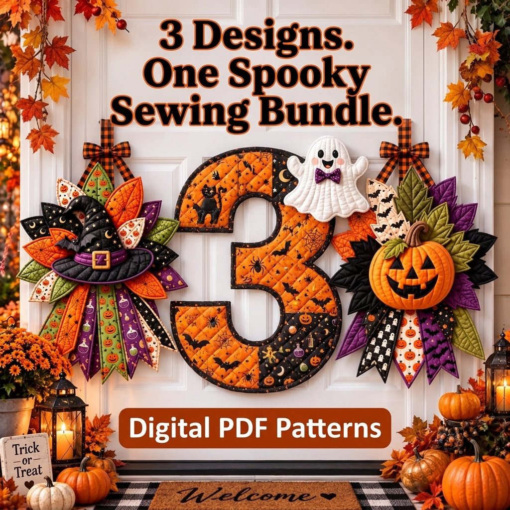 Halloween Door Hanger Patterns — 3 Quilted Fabric Designs in One PDF, Witch Hat, Ghost and Pumpkin, Beginner Friendly