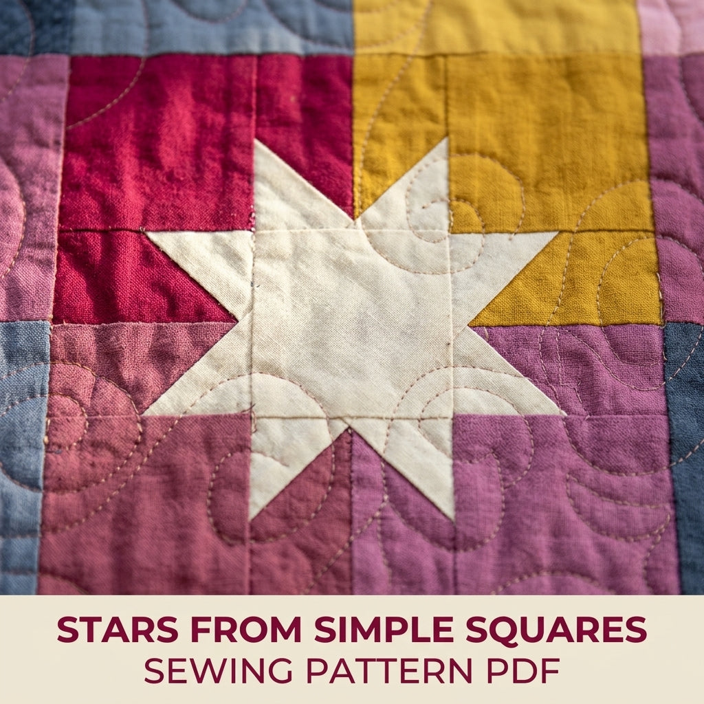 Scrappy Star Grid Quilt Pattern PDF – Large Square Throw Quilt with Eight-Point Stars