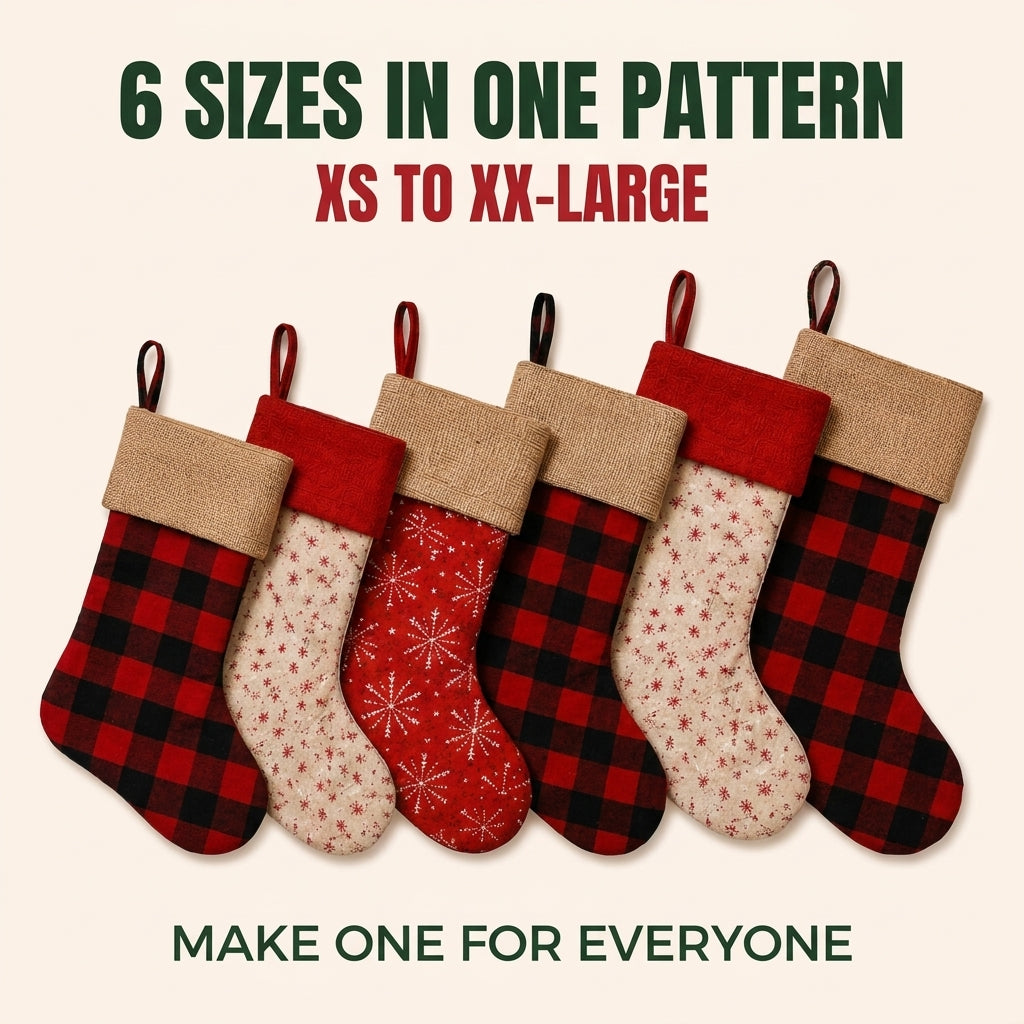 Fold-Over Christmas Stocking PDF Sewing Pattern | 6 Sizes XS to XXL | Lined Cuffed Stocking | Instant Download