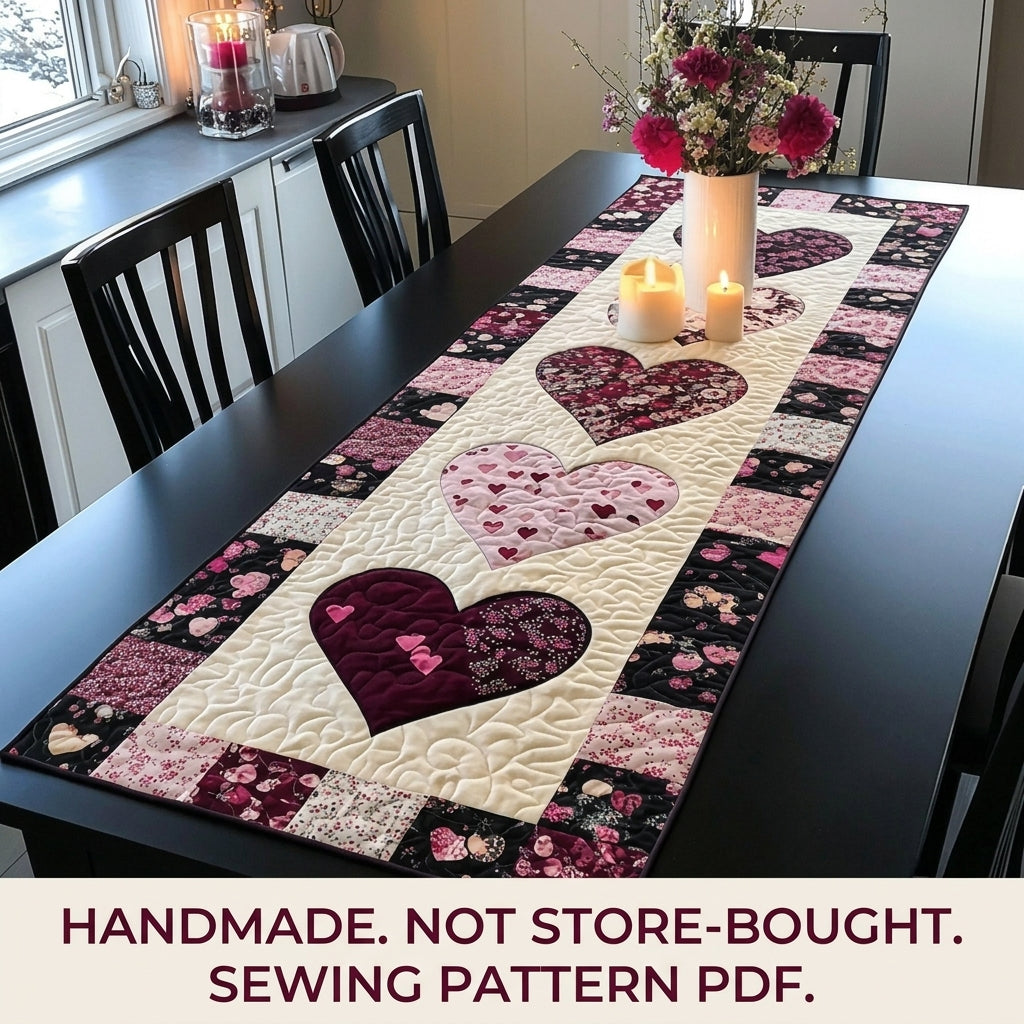Heart Appliqué Table Runner Sewing Pattern PDF – Valentine Appliqué Quilted Runner