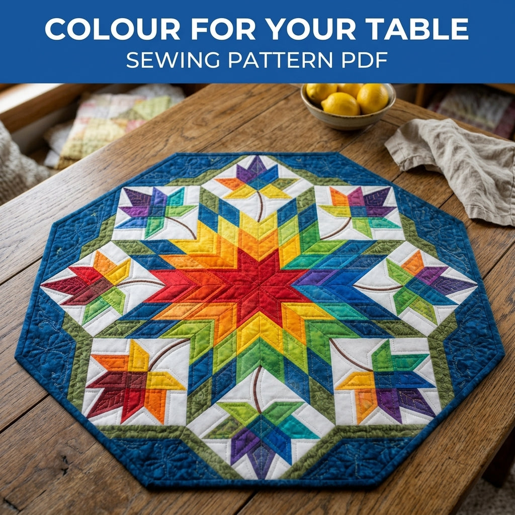 Rainbow Star Octagon Table Topper Sewing Pattern PDF – Lone Star Table Quilt