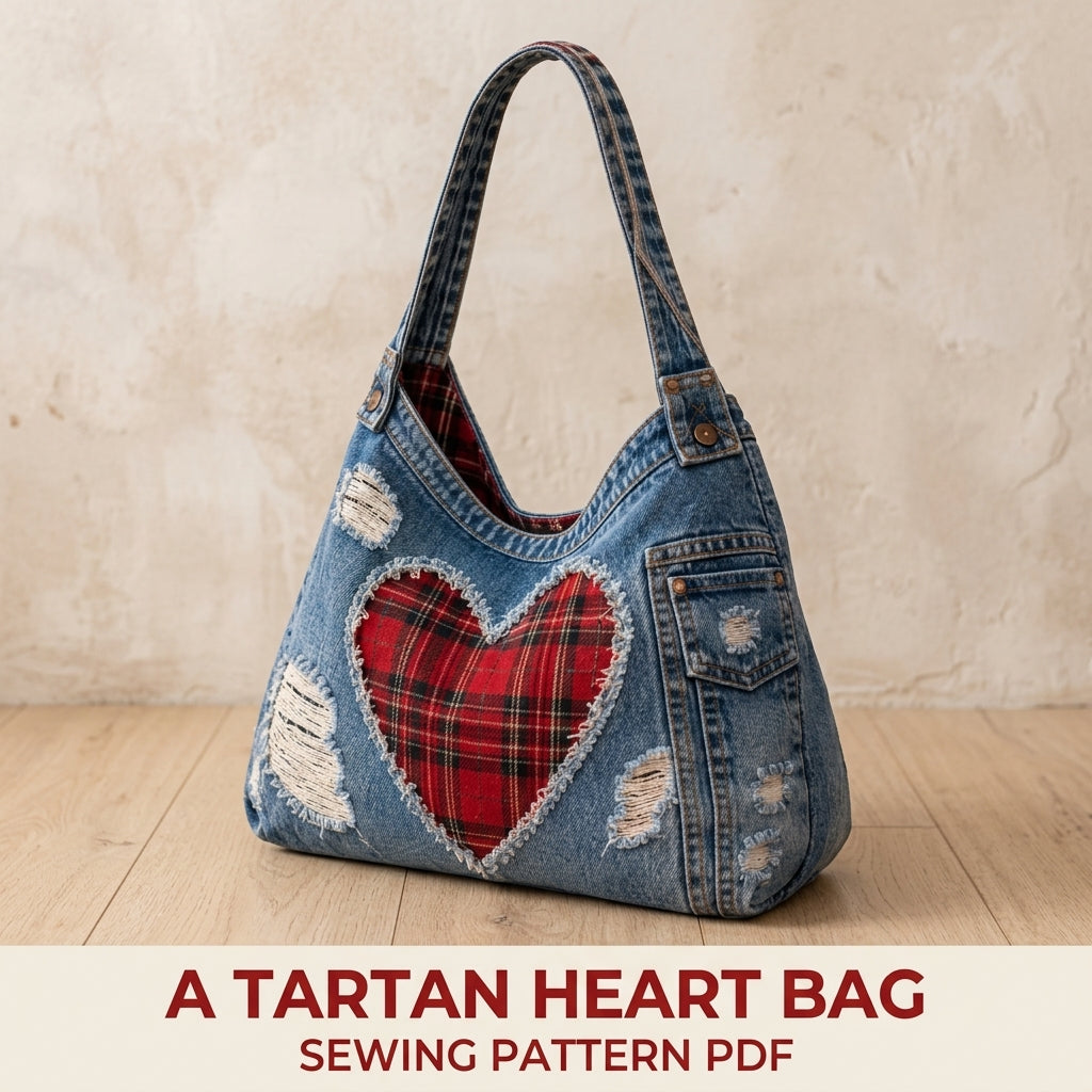 Tartan Heart Denim Hobo Bag Sewing Pattern PDF – Upcycled Jeans Bag with Plaid Heart