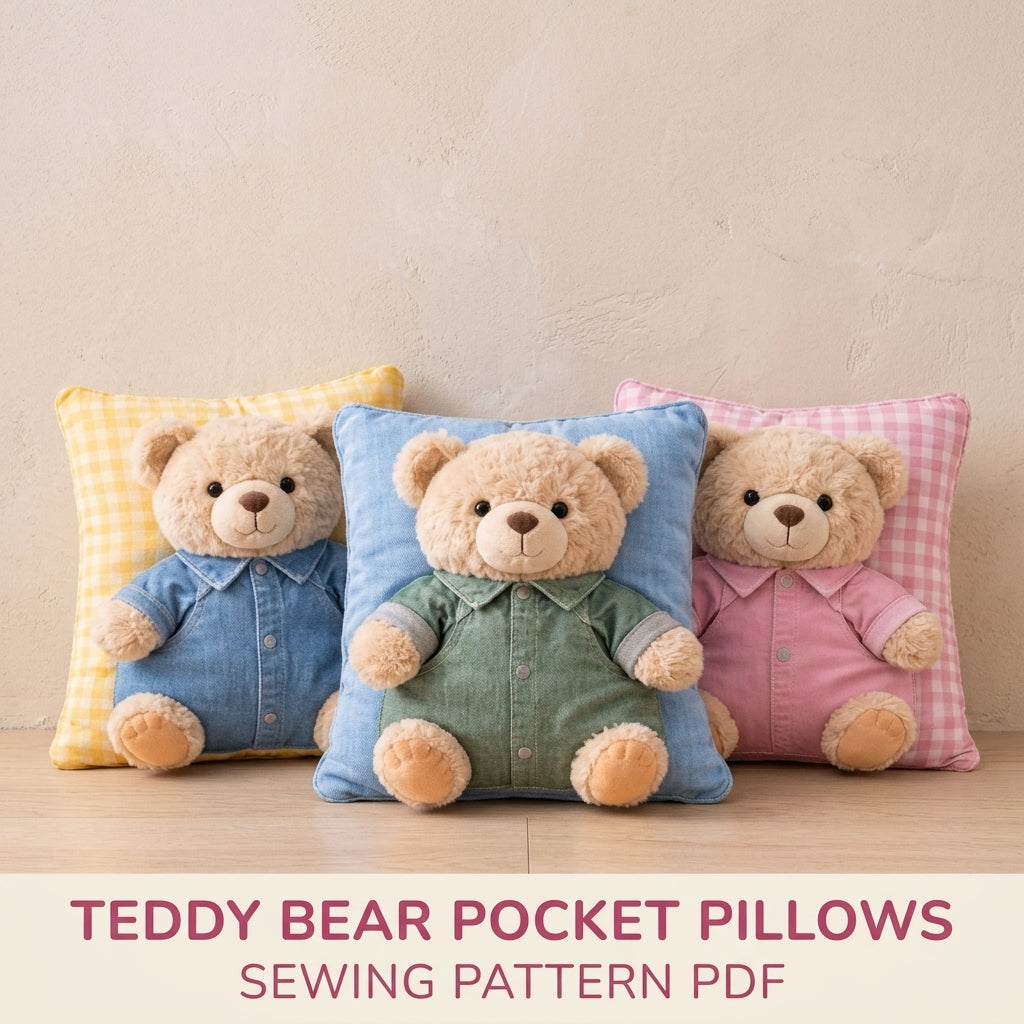Teddy Bear Pocket Pillow Sewing Pattern PDF – Nursery Pillow with Plush Bear