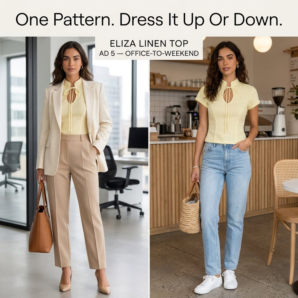 Fitted Top Sewing Pattern — Mandarin Collar Blouse with Keyhole Tie and Cap Sleeves, Sizes XS–3XL, A0 and A4 Layered PDF