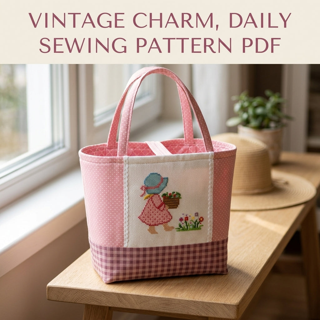 Sunbonnet Girl Cross-Stitch Tote Sewing Pattern PDF – Small Tote with Stitched Panel