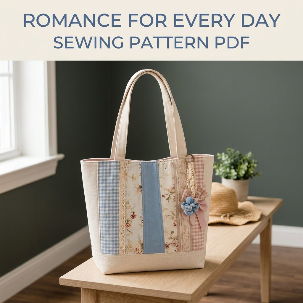 Lace Strip Patchwork Tote Sewing Pattern PDF – Cottage Tote with Gingham and Florals