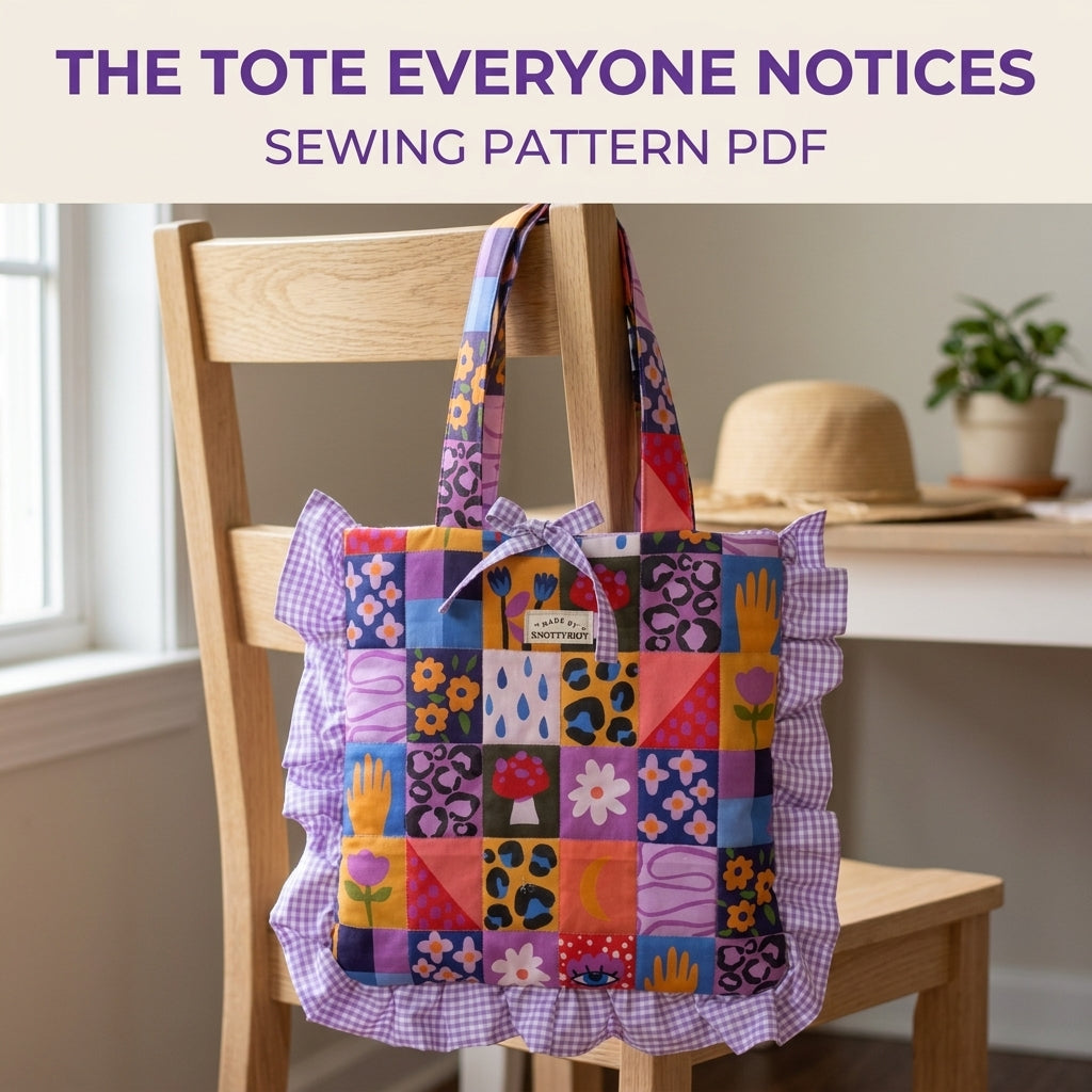 Ruffled Patchwork Print Tote Sewing Pattern PDF – Square Tote Bag with Gingham Ruffle