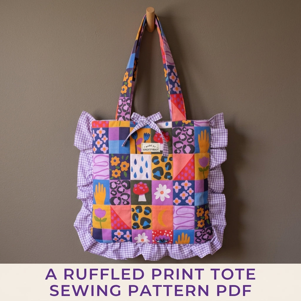 Ruffled Patchwork Print Tote Sewing Pattern PDF – Square Tote Bag with Gingham Ruffle