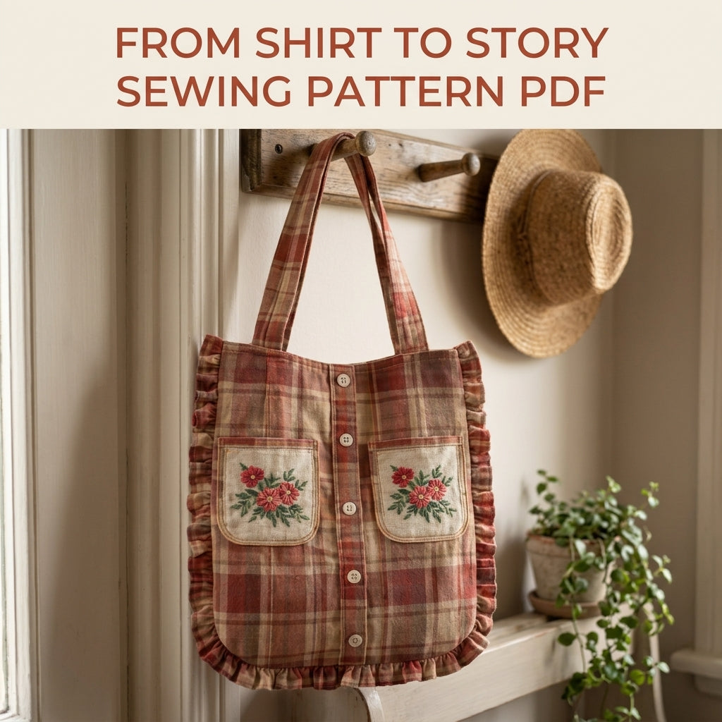 Ruffled Shirt Tote Sewing Pattern PDF – Upcycled Shirt Bag with Embroidered Pockets