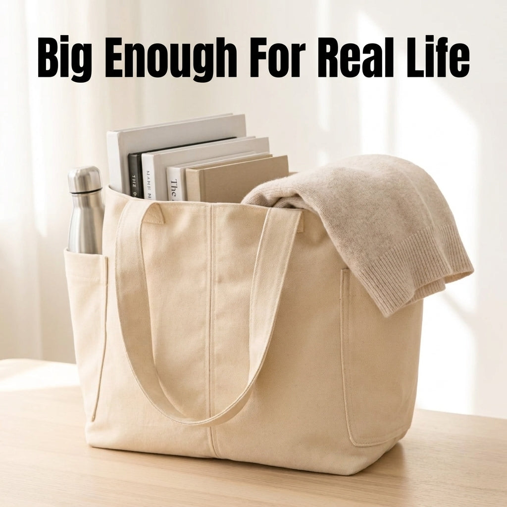 Canvas Tote Bag Sewing Pattern — Everyday Shopper with Side Pockets and Video Tutorial, Beginner Friendly, PDF Download