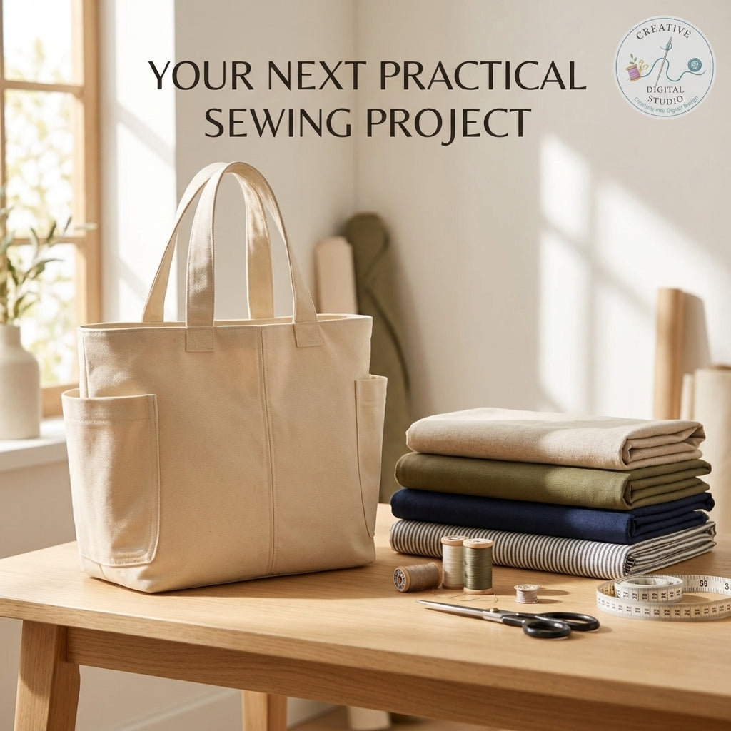 Canvas Tote Bag Sewing Pattern — Everyday Shopper with Side Pockets and Video Tutorial, Beginner Friendly, PDF Download