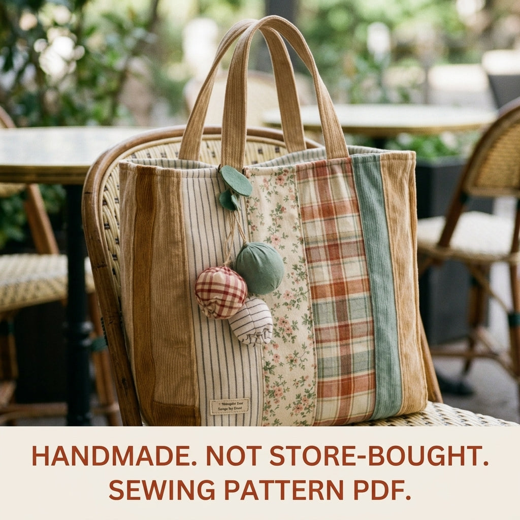Corduroy Strip Patchwork Tote Sewing Pattern PDF – Easy Scrap Tote Bag