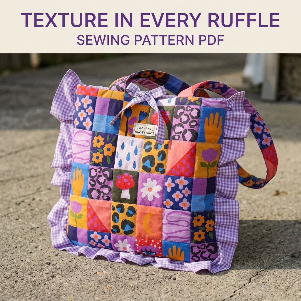 Ruffled Patchwork Print Tote Sewing Pattern PDF – Square Tote Bag with Gingham Ruffle