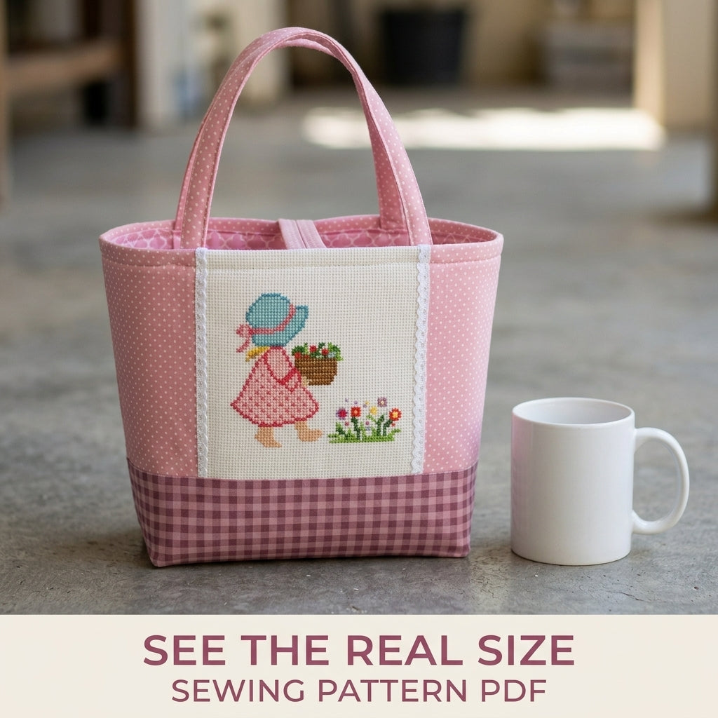 Sunbonnet Girl Cross-Stitch Tote Sewing Pattern PDF – Small Tote with Stitched Panel
