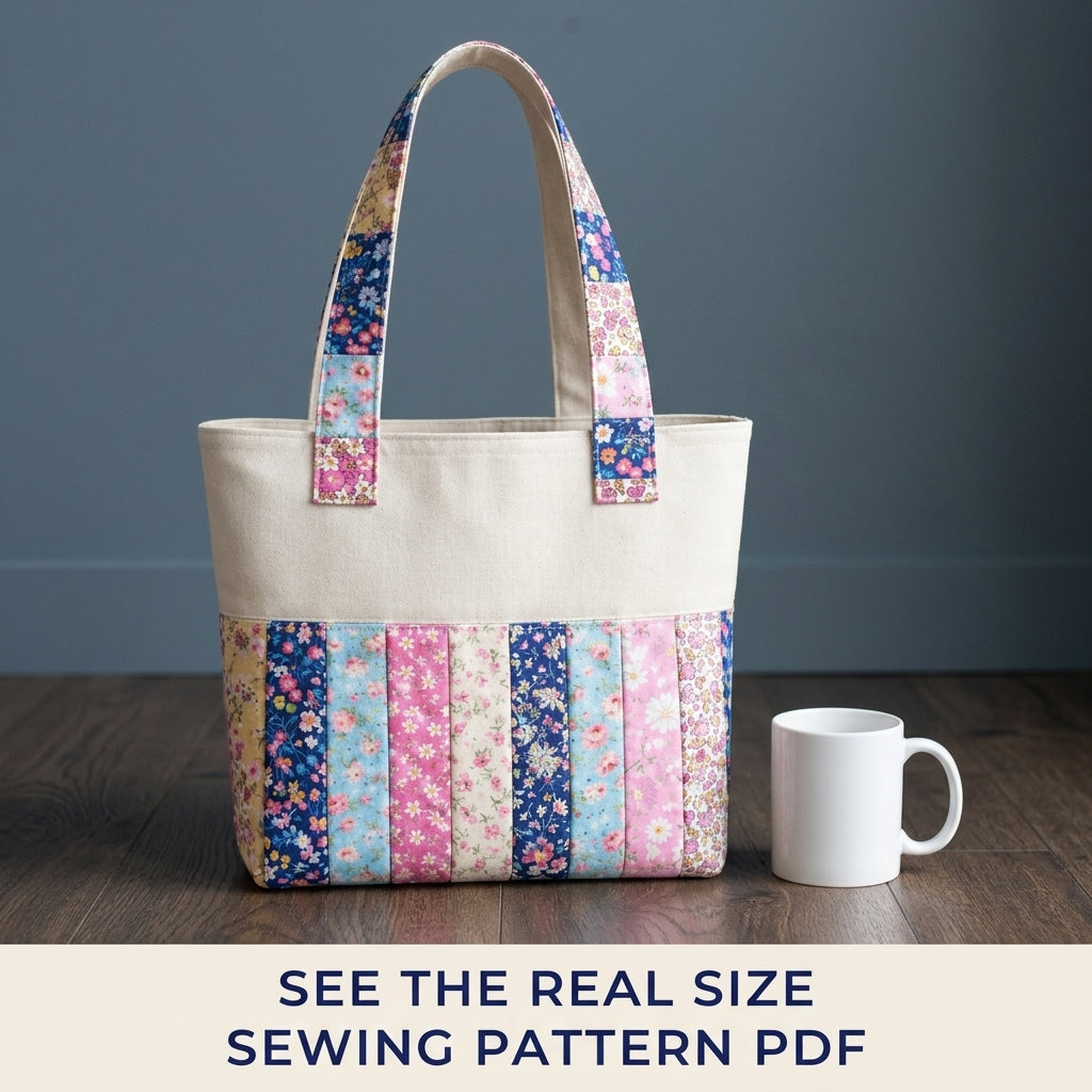 Floral Strip Linen Tote Sewing Pattern PDF – Scrappy Patchwork Tote Bag