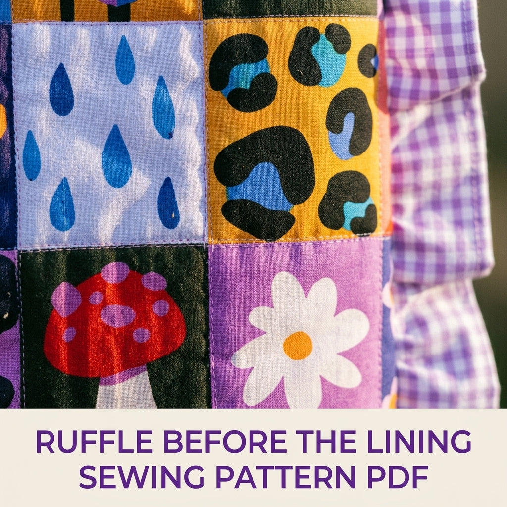 Ruffled Patchwork Print Tote Sewing Pattern PDF – Square Tote Bag with Gingham Ruffle