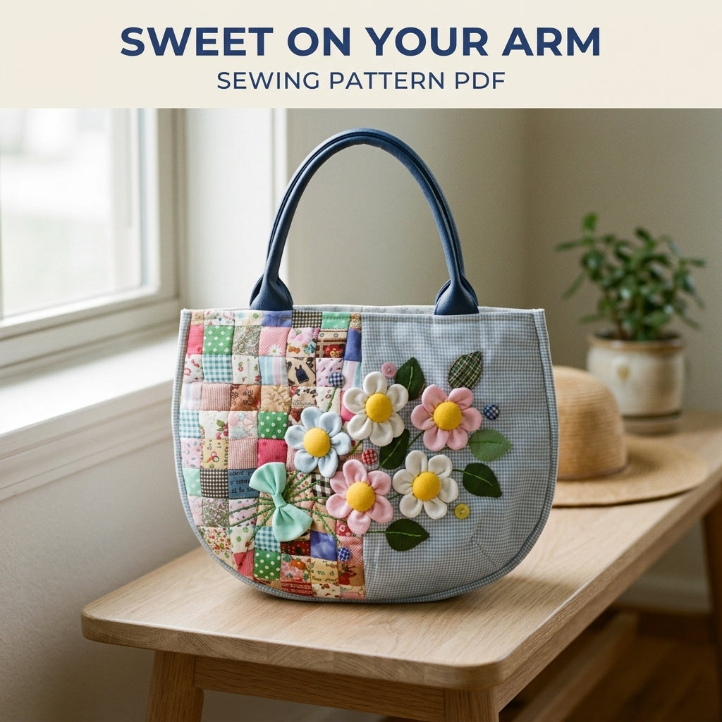 Half Patchwork Flower Tote Sewing Pattern PDF – Half Moon Bag with 3D Flowers