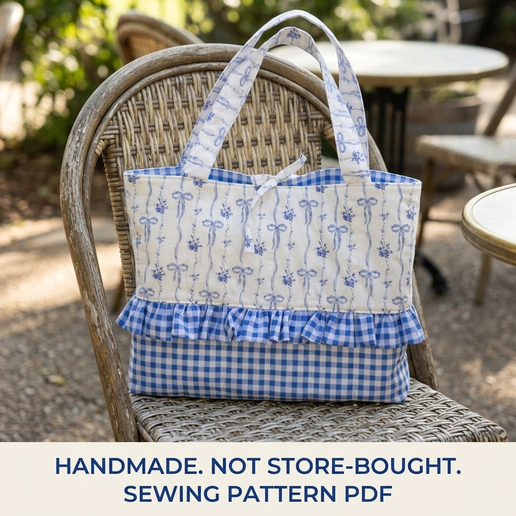 Bow Print Ruffle Tote Sewing Pattern PDF – Blue and White Gingham Bag