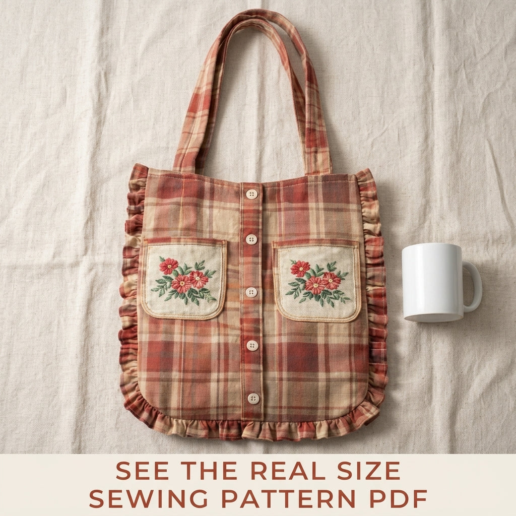 Ruffled Shirt Tote Sewing Pattern PDF – Upcycled Shirt Bag with Embroidered Pockets