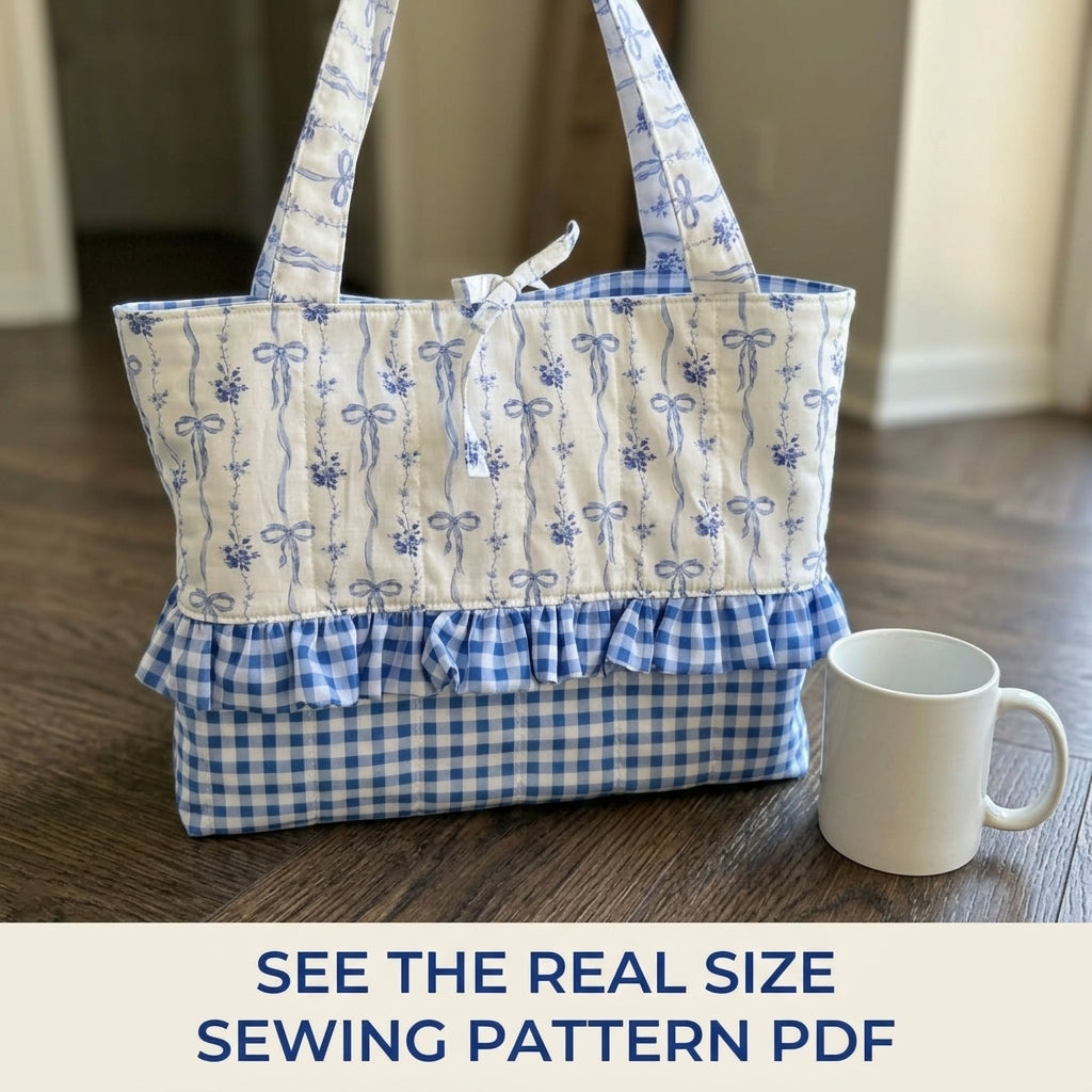 Bow Print Ruffle Tote Sewing Pattern PDF – Blue and White Gingham Bag