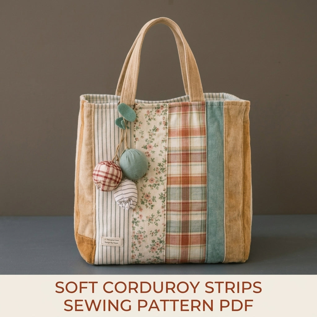 Corduroy Strip Patchwork Tote Sewing Pattern PDF – Easy Scrap Tote Bag