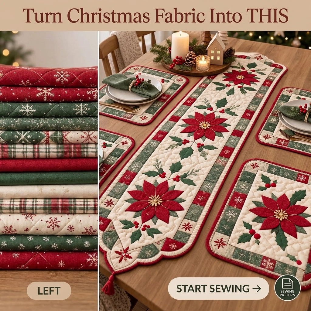 Poinsettia Christmas Table Runner & Placemats Quilt Pattern | Appliqué Runner Plus 4 Placemats | Scandinavian Holiday Table Set | PDF Instant Download
